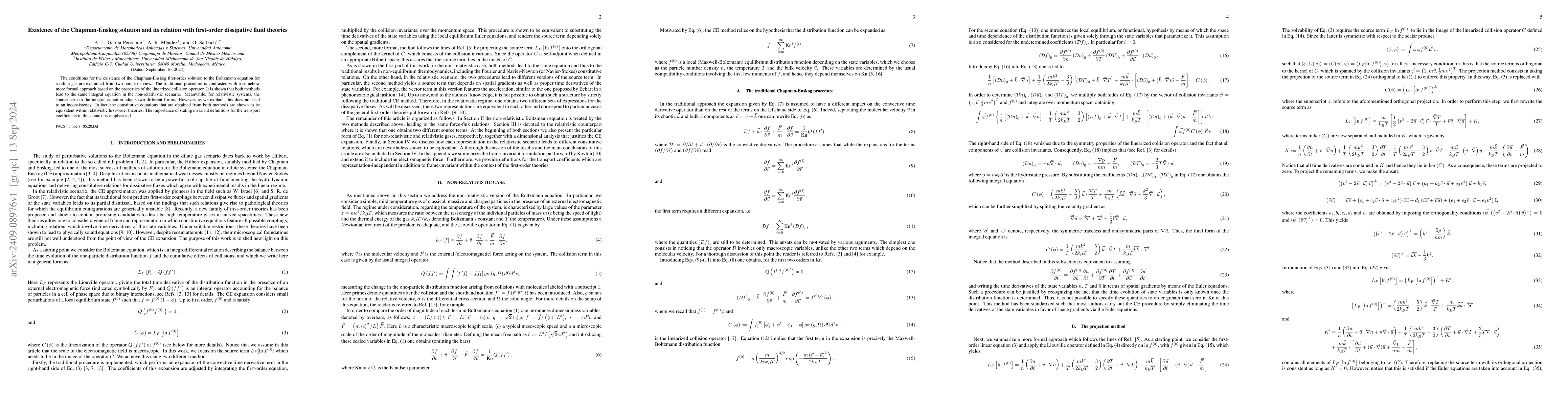 Thumbnail for Existence of the Chapman-Enskog solution and its relation with
  first-order dissipative fluid theories