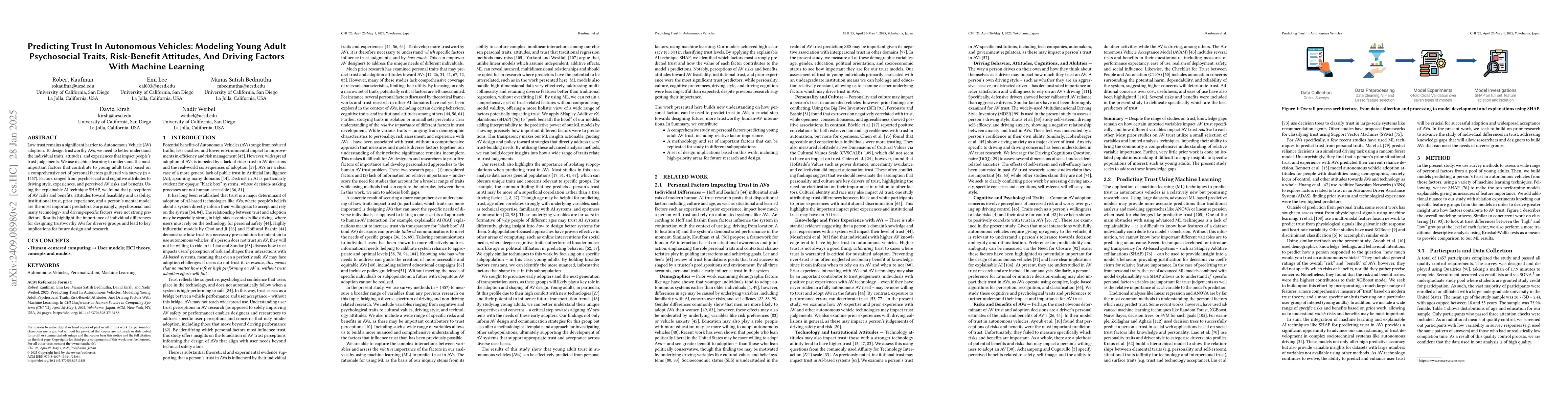 Thumbnail for Predicting Trust In Autonomous Vehicles: Modeling Young Adult
  Psychosocial Traits, Risk-Benefit Attitudes, And Driving Factors With Machine
  Learning