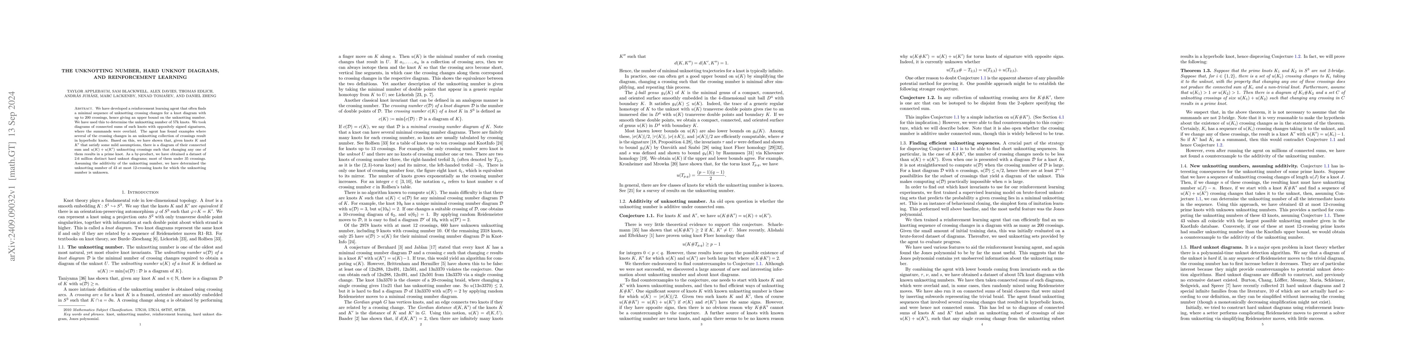 Thumbnail for The unknotting number, hard unknot diagrams, and reinforcement learning