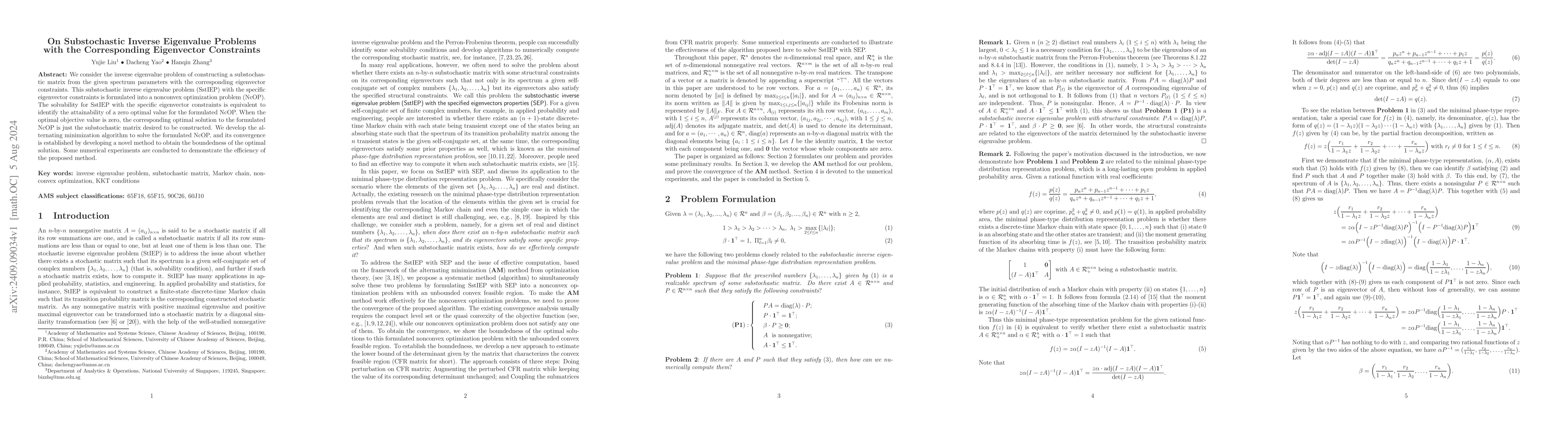 Thumbnail for On Substochastic Inverse Eigenvalue Problems with the Corresponding
  Eigenvector Constraints