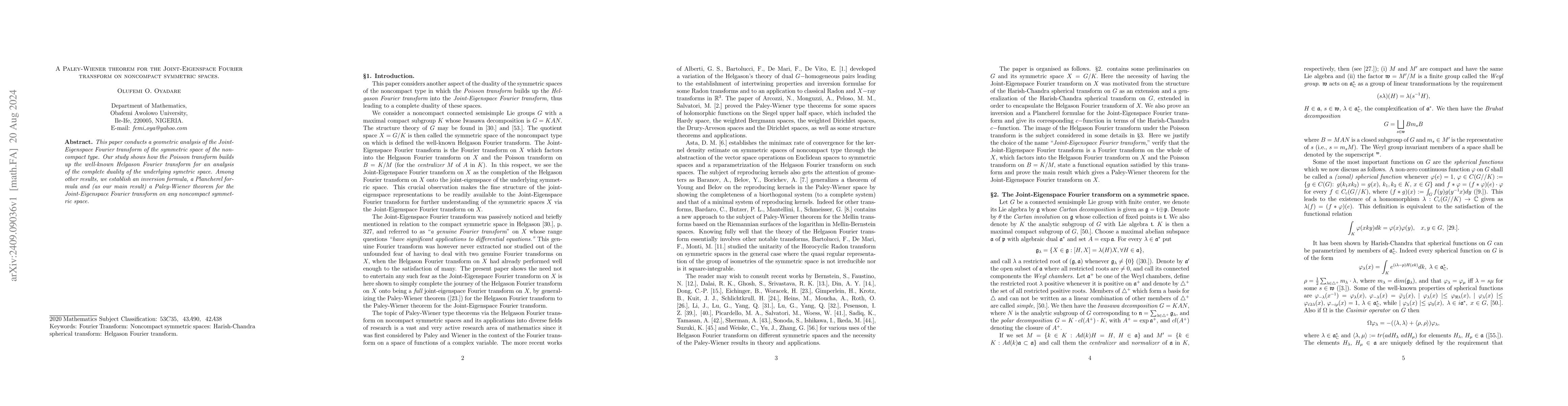Thumbnail for Paley-Wiener theorem for the Joint-Eigenspace Fourier transform on
  noncompact symmetric spaces