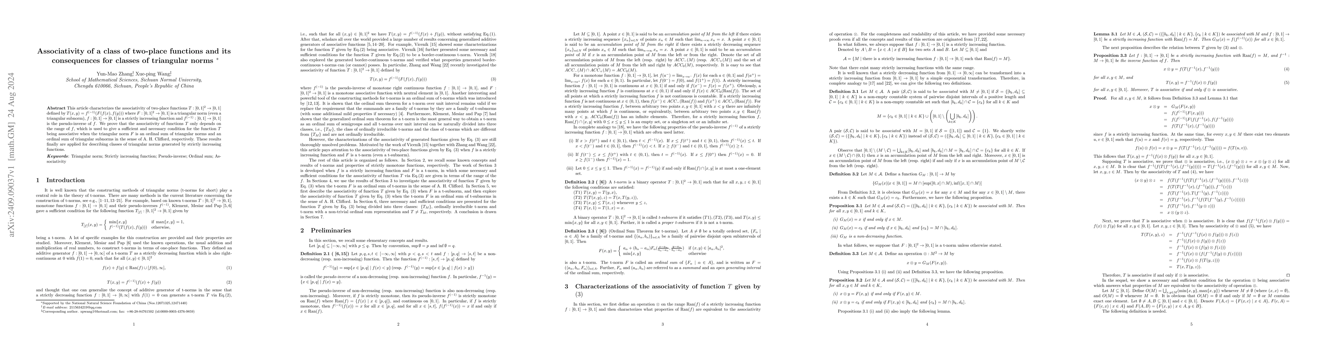 Thumbnail for Associativity of a class of two-place functions and its consequences for
  classes of triangular norms