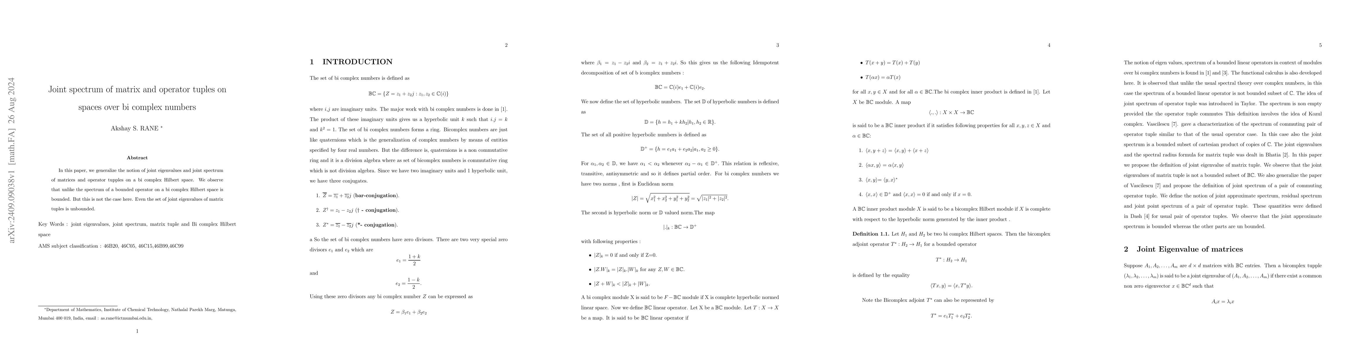 Thumbnail for Joint spectrum of matrix and operator tuples on spaces over bi complex
  numbers