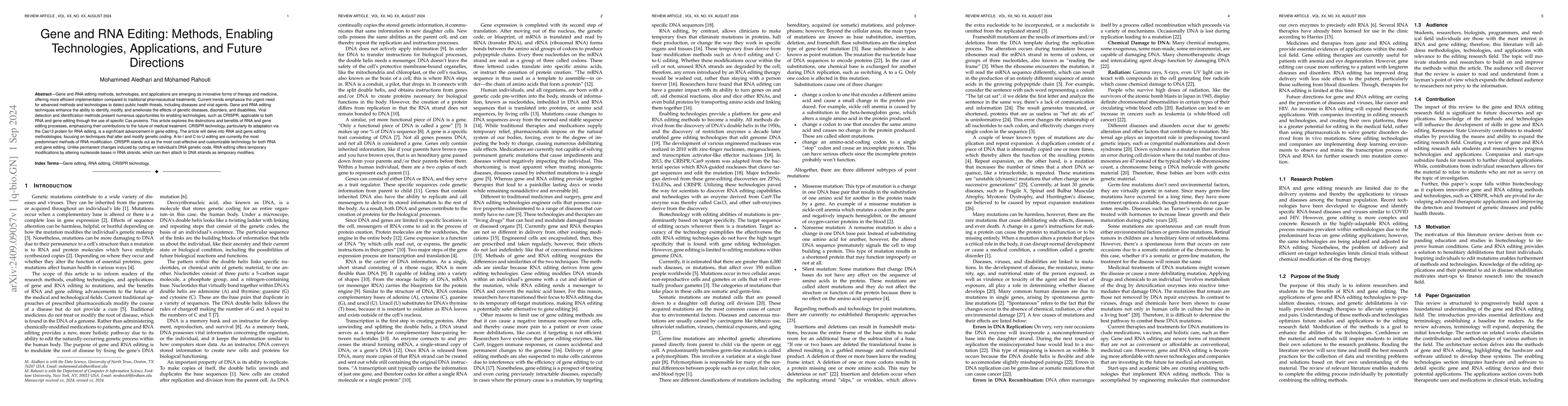 Thumbnail for Gene and RNA Editing: Methods, Enabling Technologies, Applications, and
  Future Directions