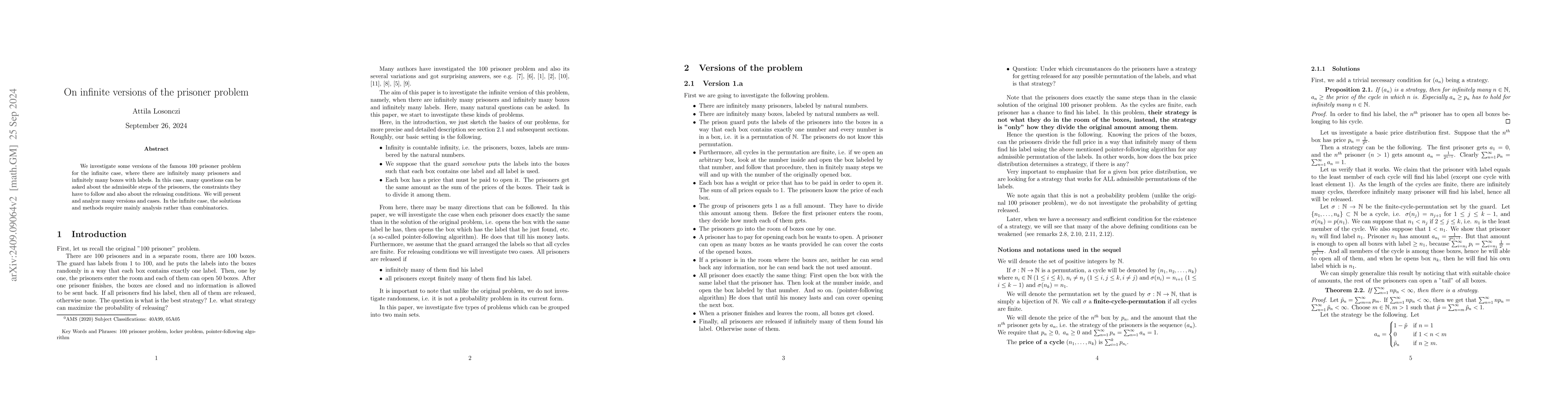 Thumbnail for On infinite versions of the prisoner problem