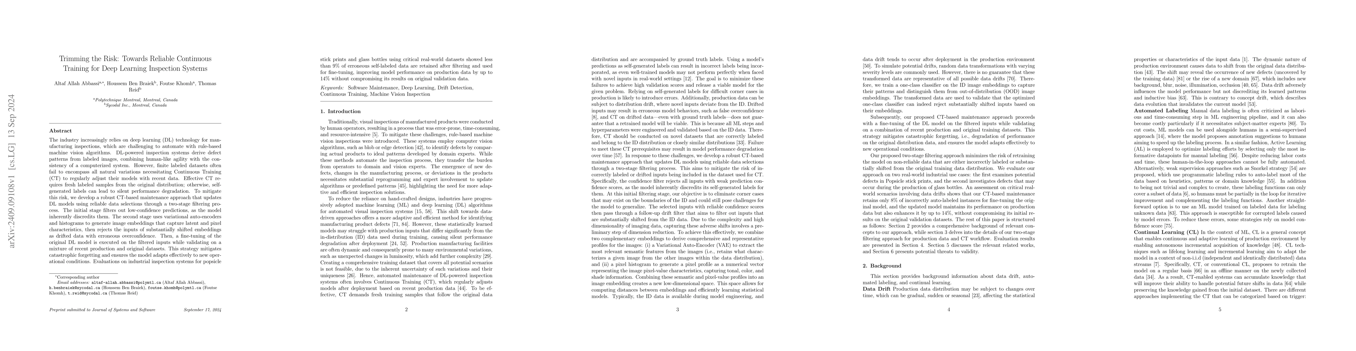 Thumbnail for Trimming the Risk: Towards Reliable Continuous Training for Deep
  Learning Inspection Systems