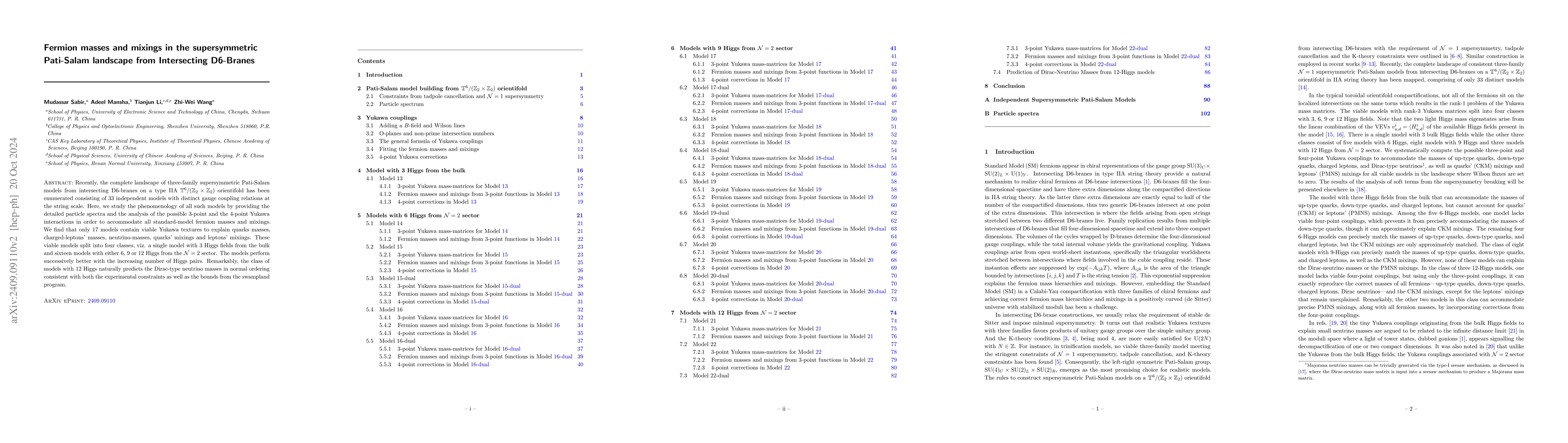 Thumbnail for Fermion masses and mixings in the supersymmetric Pati-Salam landscape
  from Intersecting D6-Branes