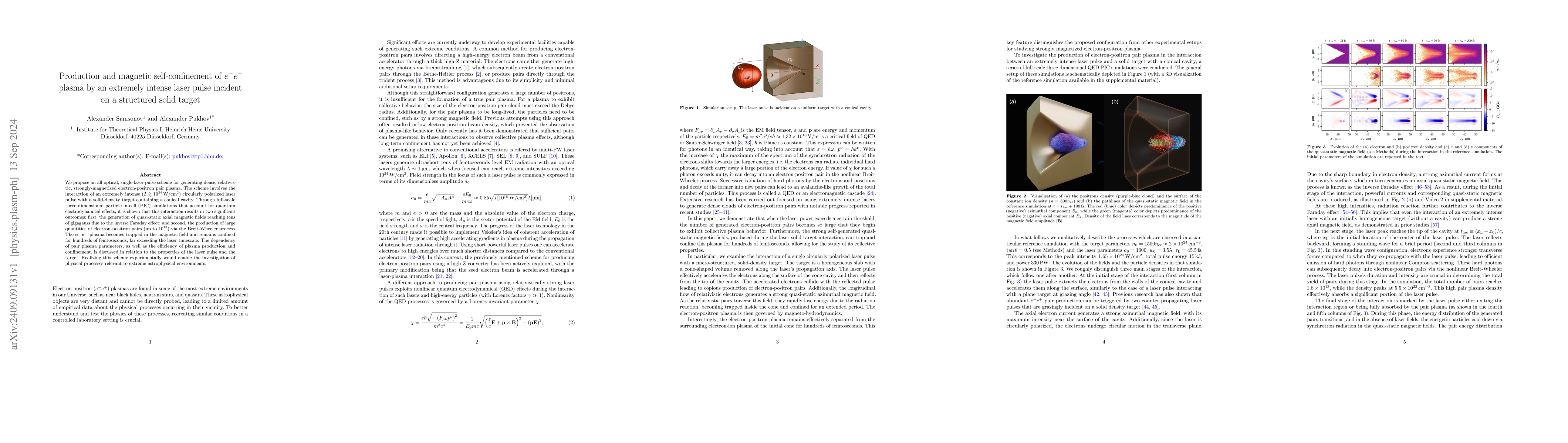 Thumbnail for Production and magnetic self-confinement of $e^-e^+$ plasma by an
  extremely intense laser pulse incident on a structured solid target