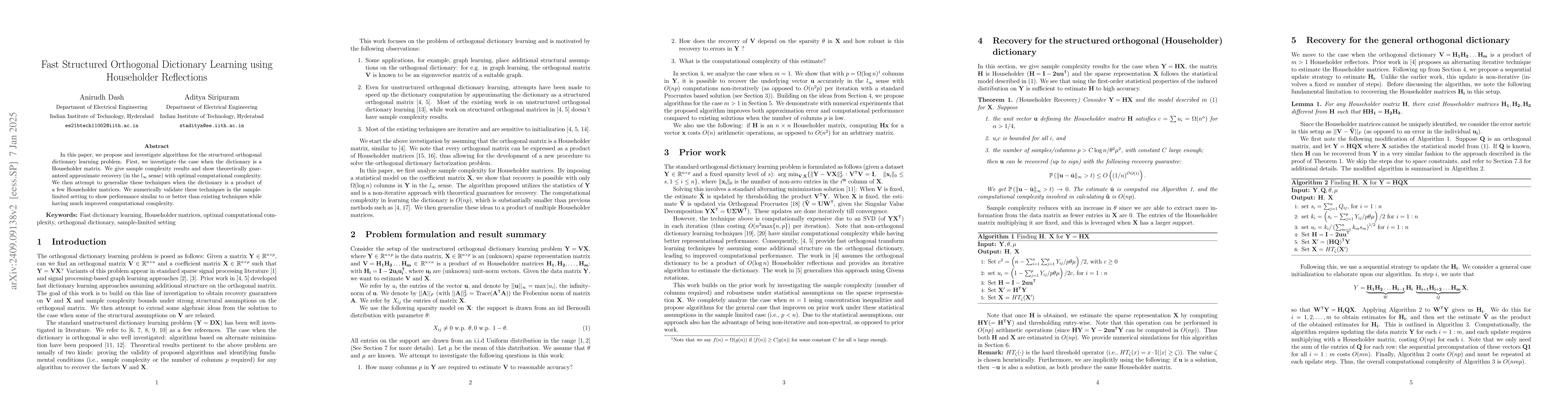 Thumbnail for Fast Structured Orthogonal Dictionary Learning using Householder
  Reflections