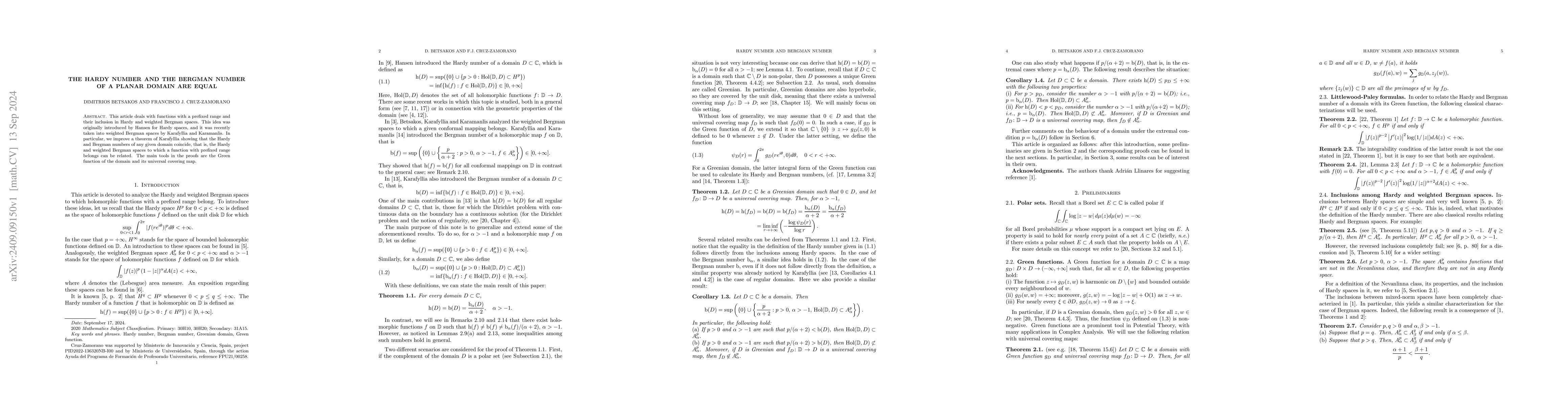 Thumbnail for The Hardy number and the Bergman number of a planar domain are equal