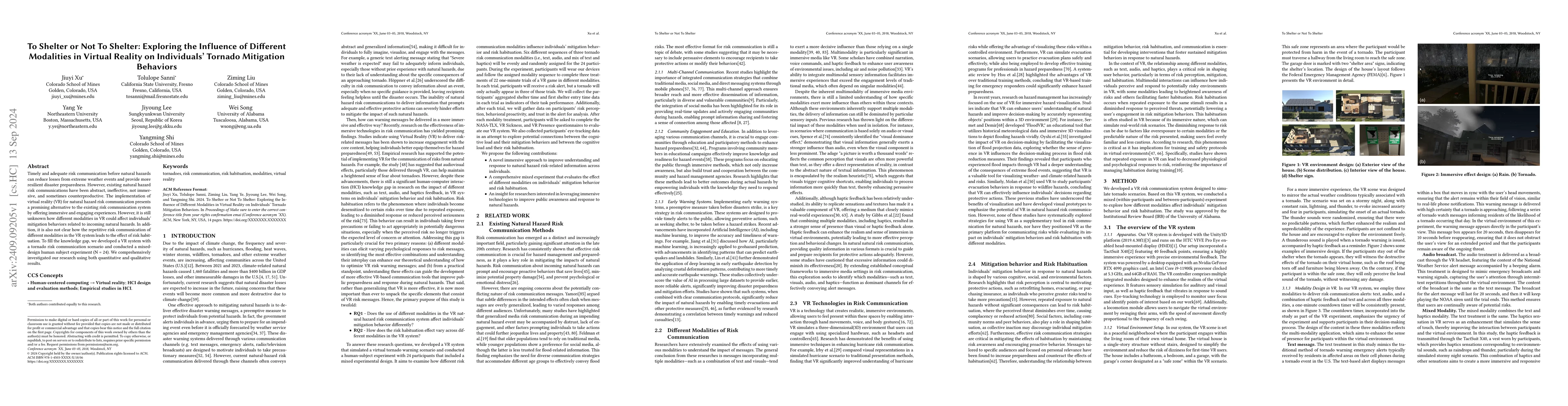 Thumbnail for To Shelter or Not To Shelter: Exploring the Influence of Different
  Modalities in Virtual Reality on Individuals' Tornado Mitigation Behaviors