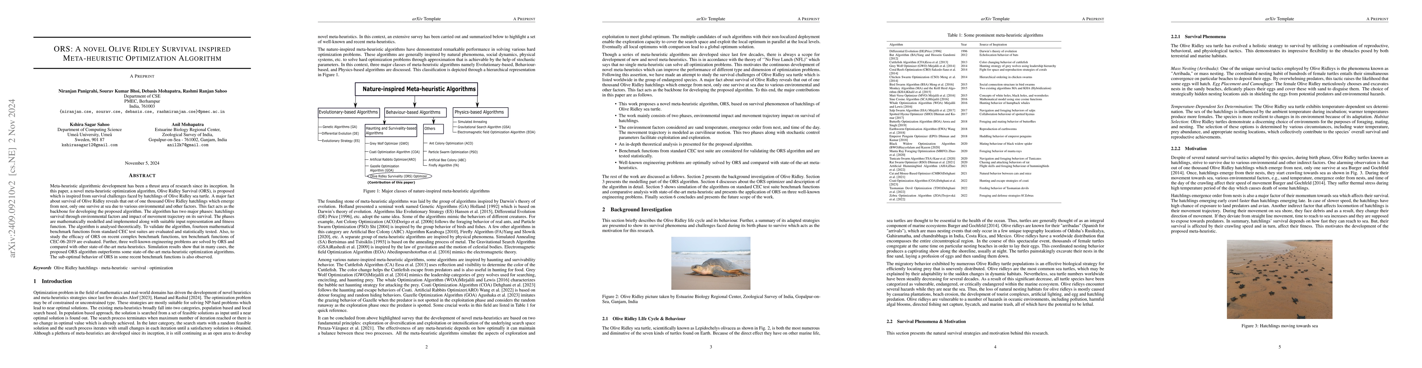 Thumbnail for ORS: A novel Olive Ridley Survival inspired Meta-heuristic Optimization
  Algorithm