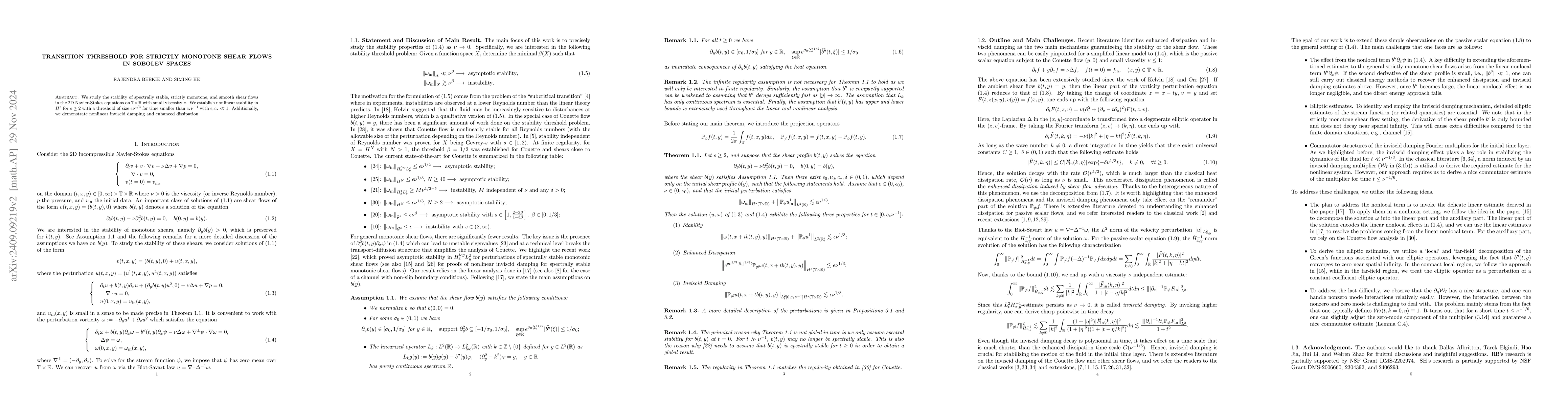 Thumbnail for Transition Threshold for Strictly Monotone Shear Flows in Sobolev Spaces