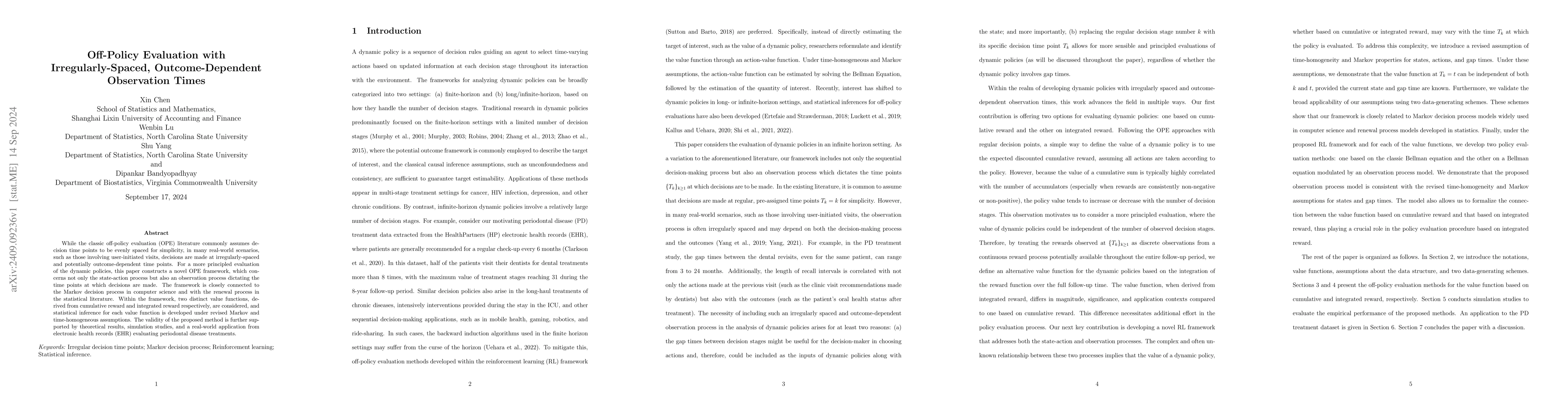 Thumbnail for Off-Policy Evaluation with Irregularly-Spaced, Outcome-Dependent
  Observation Times