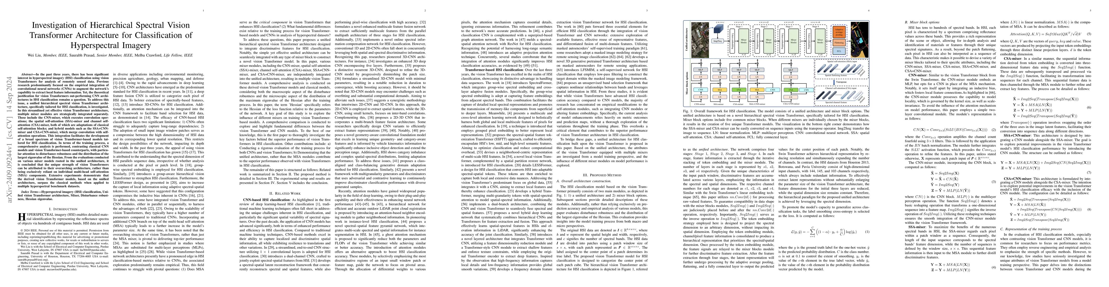 Thumbnail for Investigation of Hierarchical Spectral Vision Transformer Architecture
  for Classification of Hyperspectral Imagery