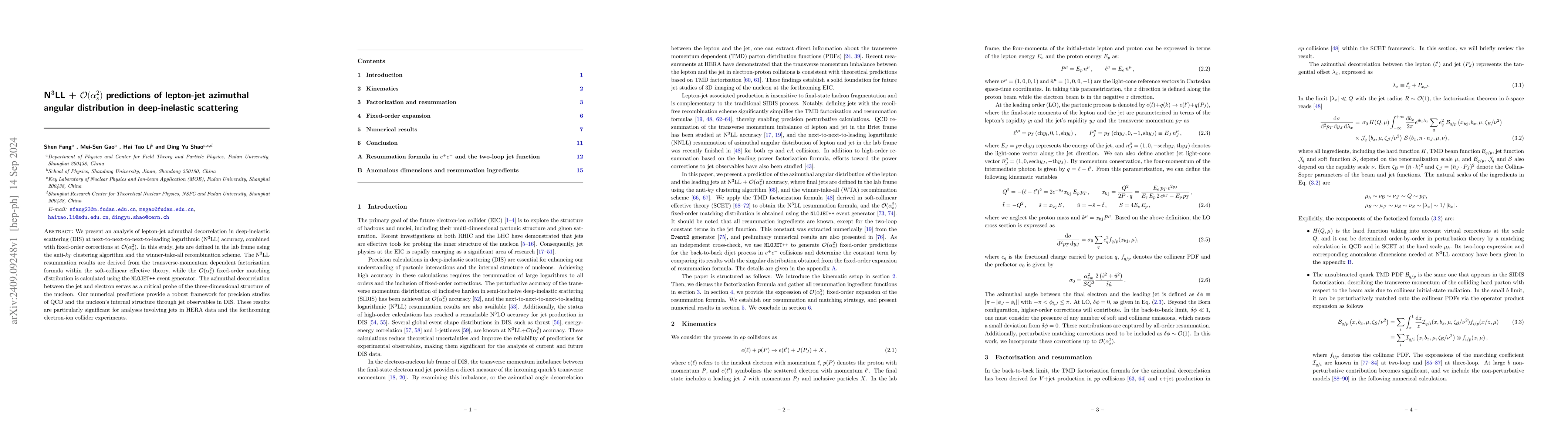 Thumbnail for N$^{\mathbf{3}}$LL + $\mathcal{O}(α_s^2)$ predictions of lepton-jet
  azimuthal angular distribution in deep-inelastic scattering
