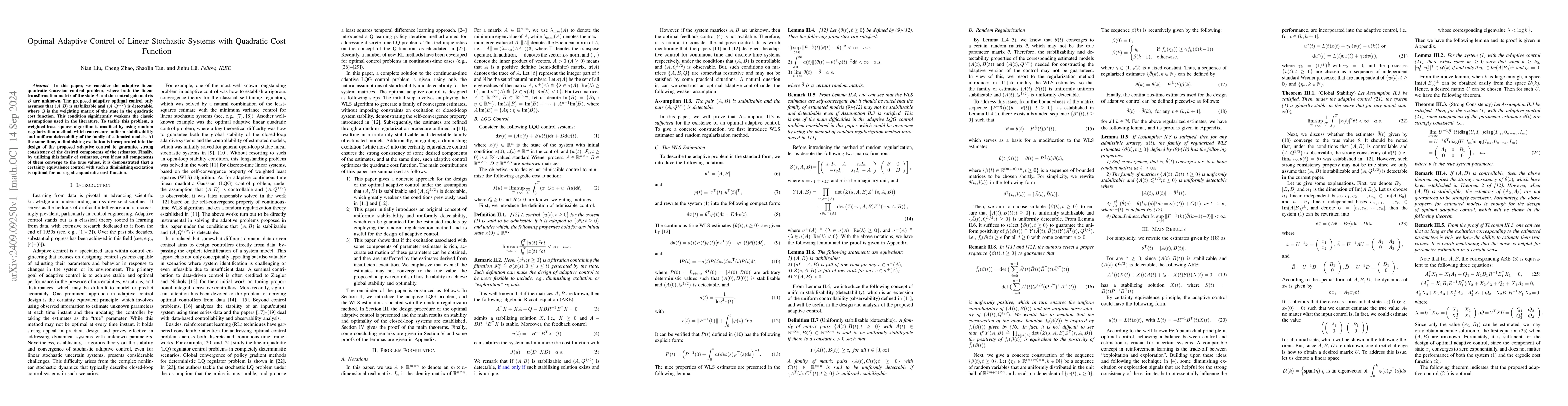Thumbnail for Optimal Adaptive Control of Linear Stochastic Systems with Quadratic
  Cost Function