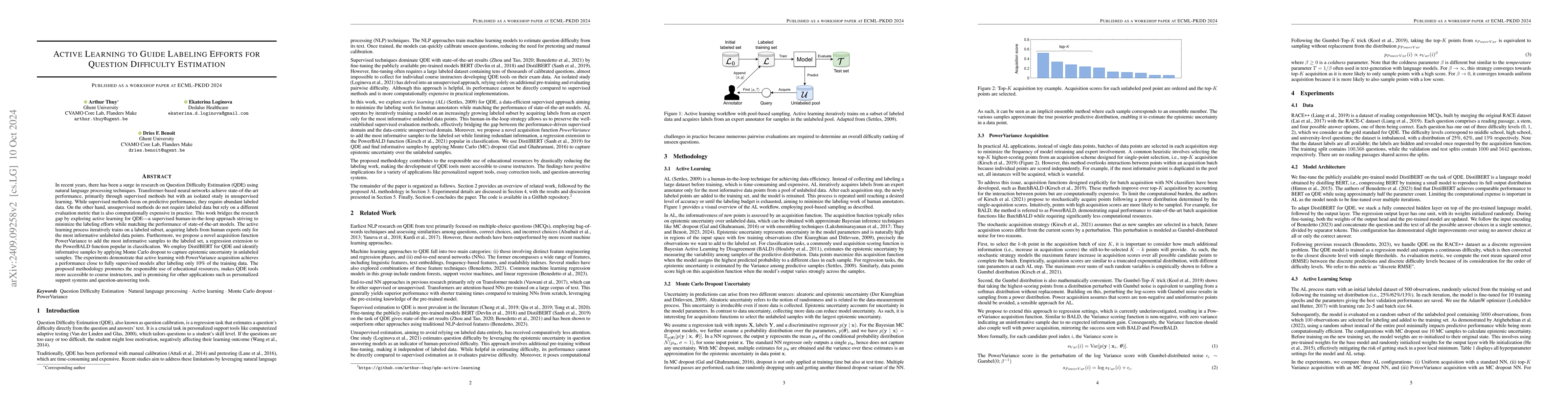 Thumbnail for Active Learning to Guide Labeling Efforts for Question Difficulty
  Estimation