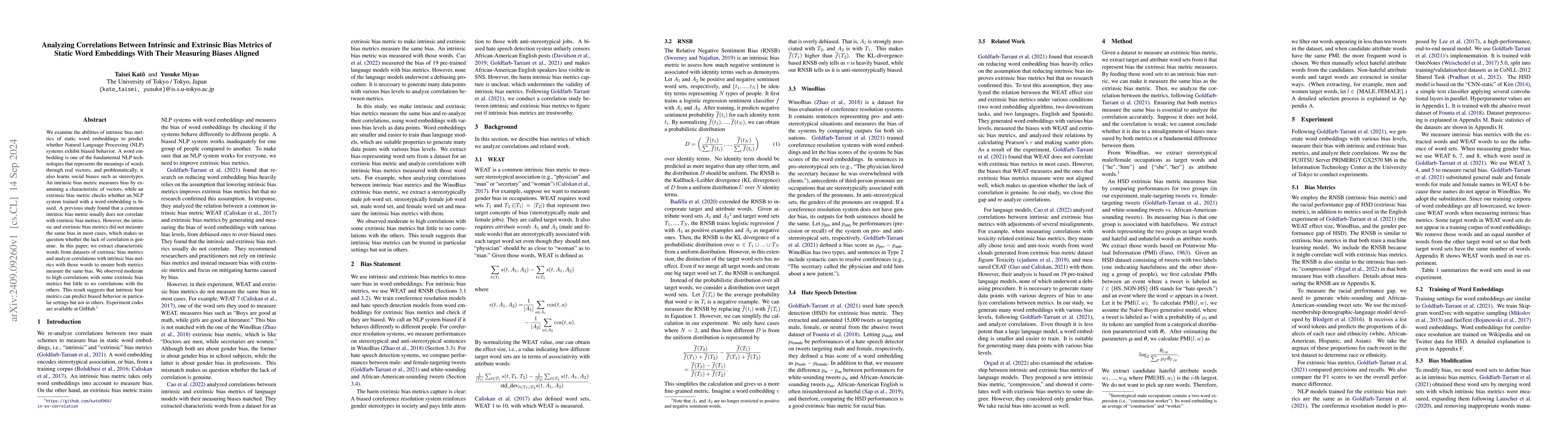 Thumbnail for Analyzing Correlations Between Intrinsic and Extrinsic Bias Metrics of
  Static Word Embeddings With Their Measuring Biases Aligned