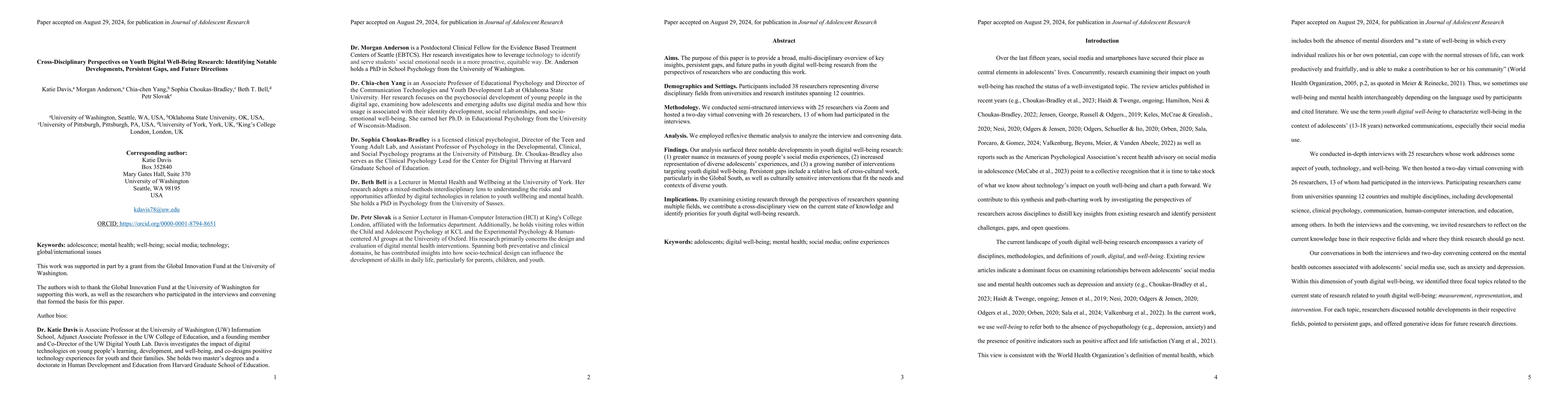 Thumbnail for Cross-Disciplinary Perspectives on Youth Digital Well-Being Research:
  Identifying Notable Developments, Persistent Gaps, and Future Directions