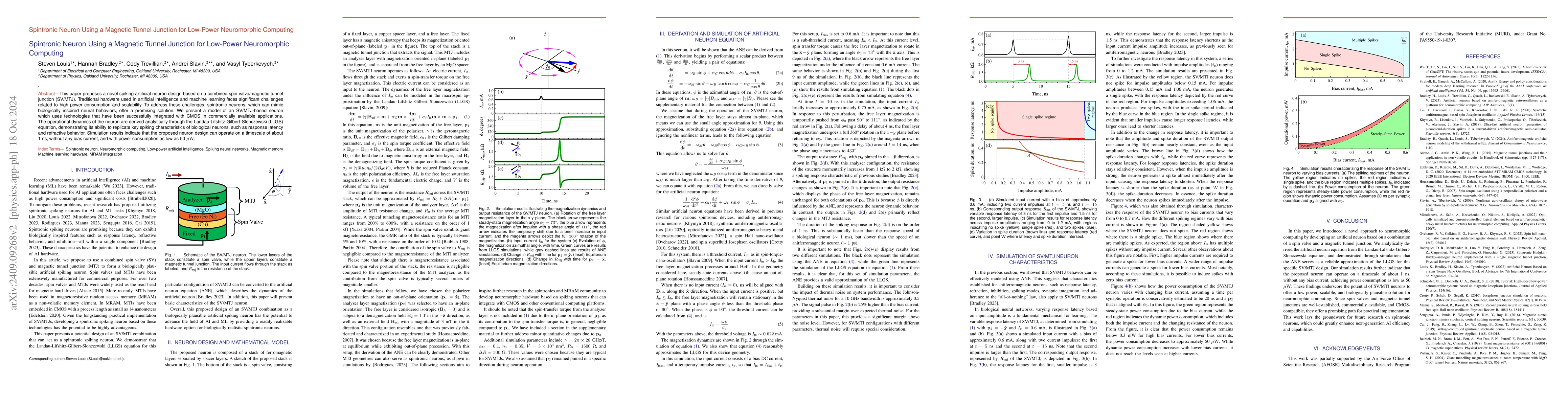 Thumbnail for Spintronic Neuron Using a Magnetic Tunnel Junction for Low-Power
  Neuromorphic Computing