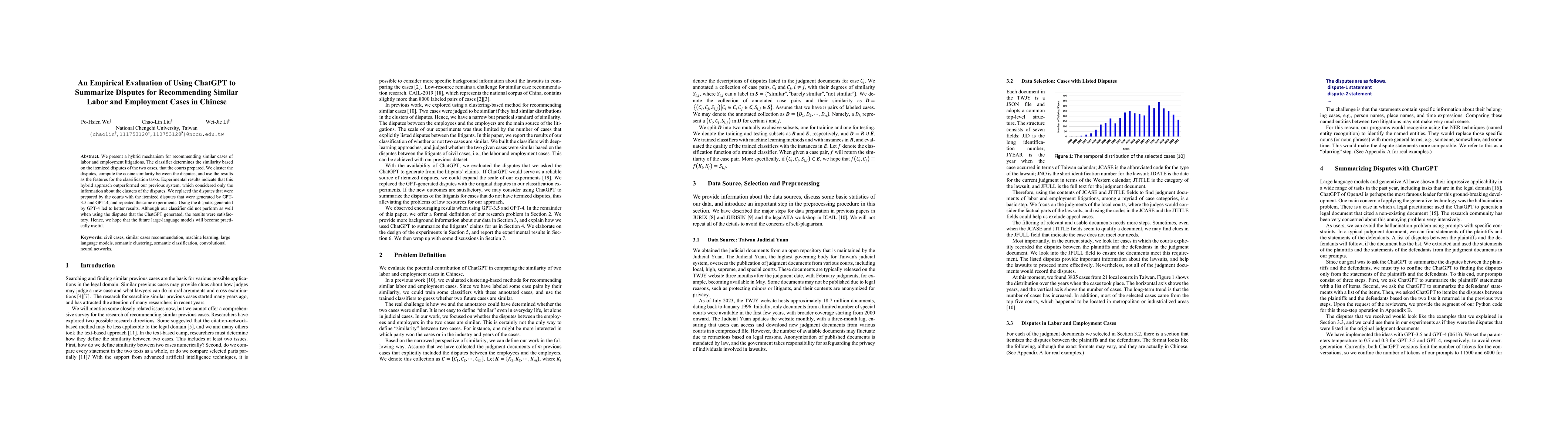 Thumbnail for An empirical evaluation of using ChatGPT to summarize disputes for
  recommending similar labor and employment cases in Chinese