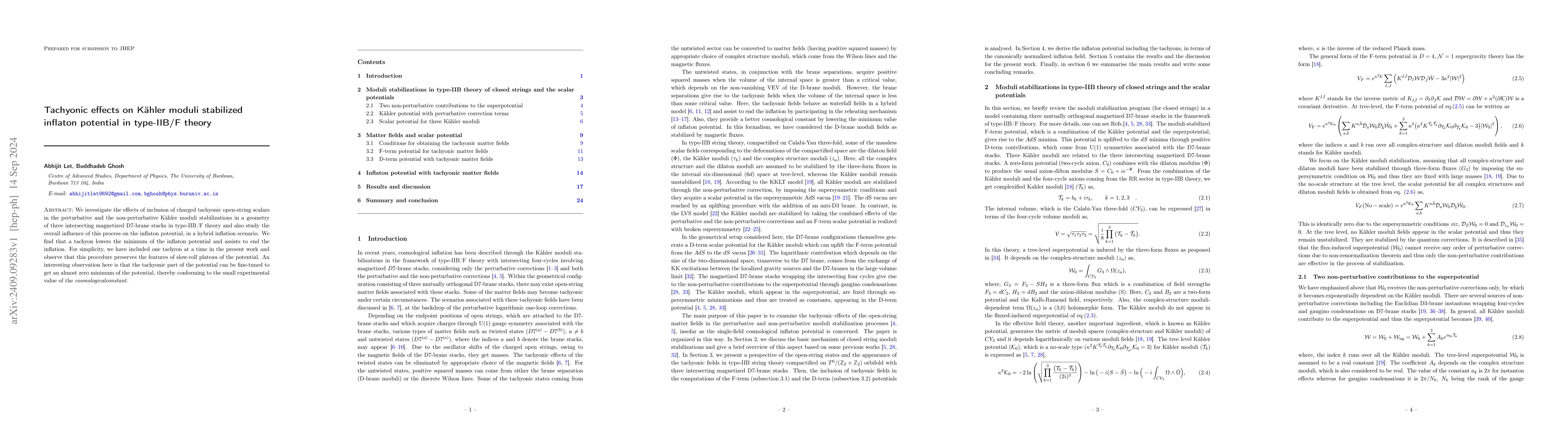 Thumbnail for Tachyonic effects on Kähler moduli stabilized inflaton potential in
  type-IIB/F theory