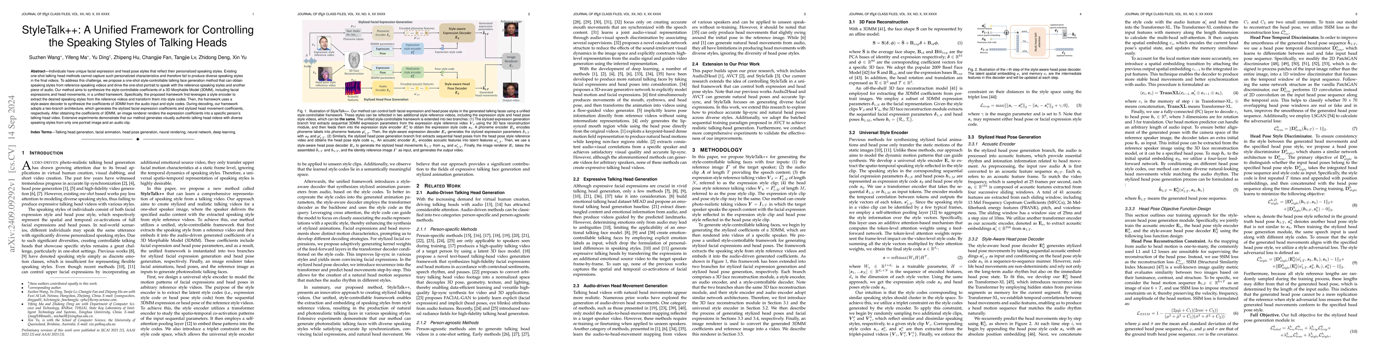 Thumbnail for StyleTalk++: A Unified Framework for Controlling the Speaking Styles of
  Talking Heads