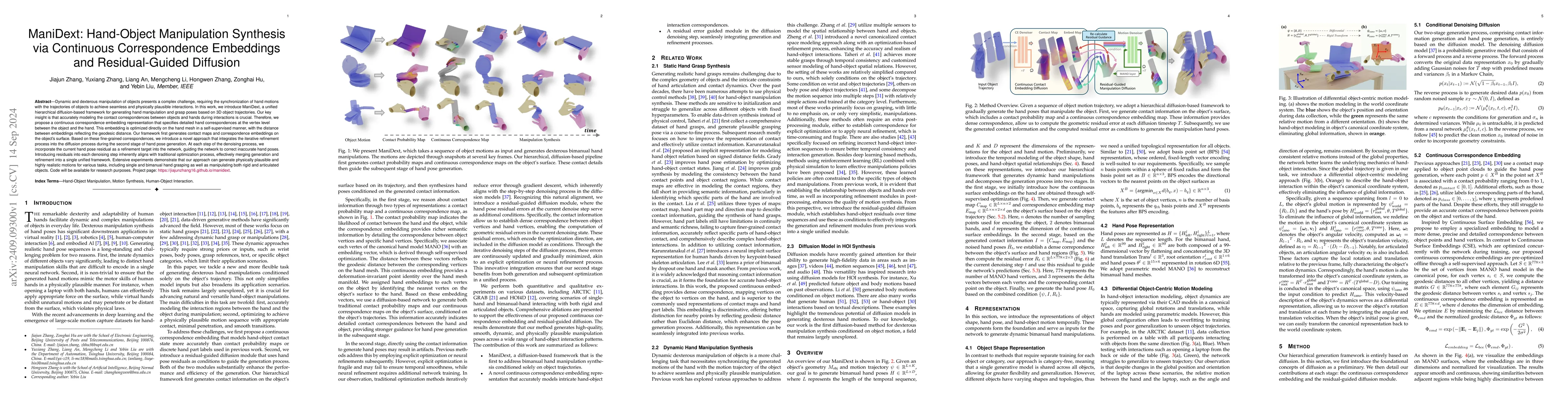 Thumbnail for ManiDext: Hand-Object Manipulation Synthesis via Continuous
  Correspondence Embeddings and Residual-Guided Diffusion