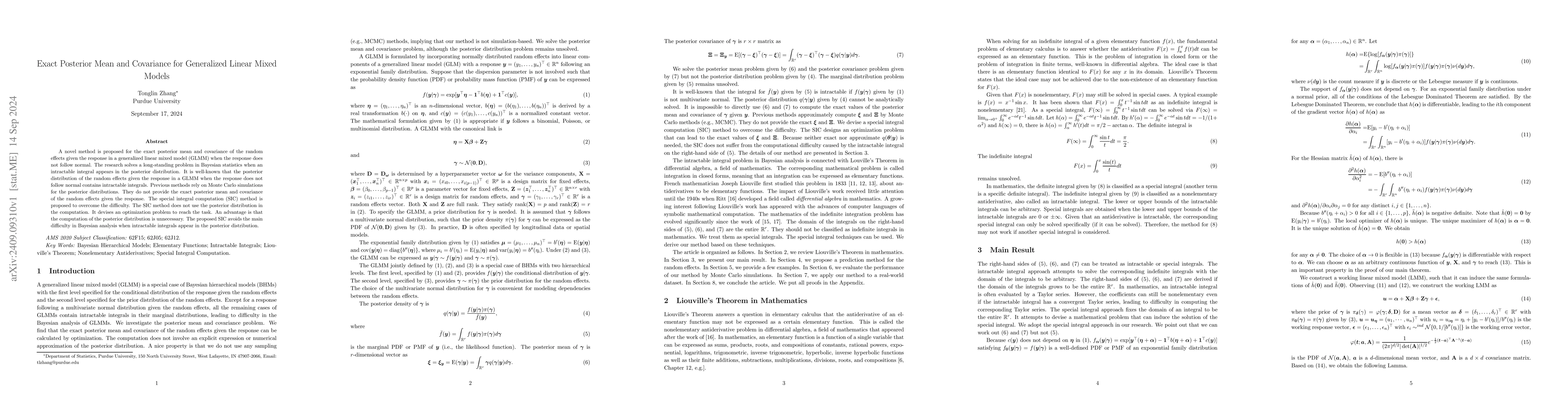 Thumbnail for Exact Posterior Mean and Covariance for Generalized Linear Mixed Models