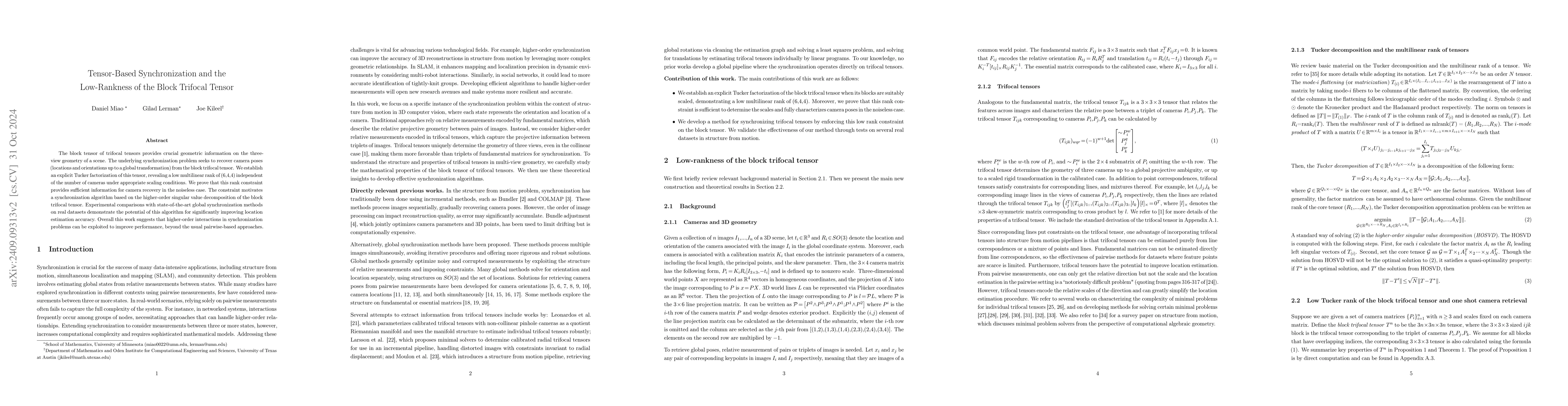 Thumbnail for Tensor-Based Synchronization and the Low-Rankness of the Block Trifocal
  Tensor