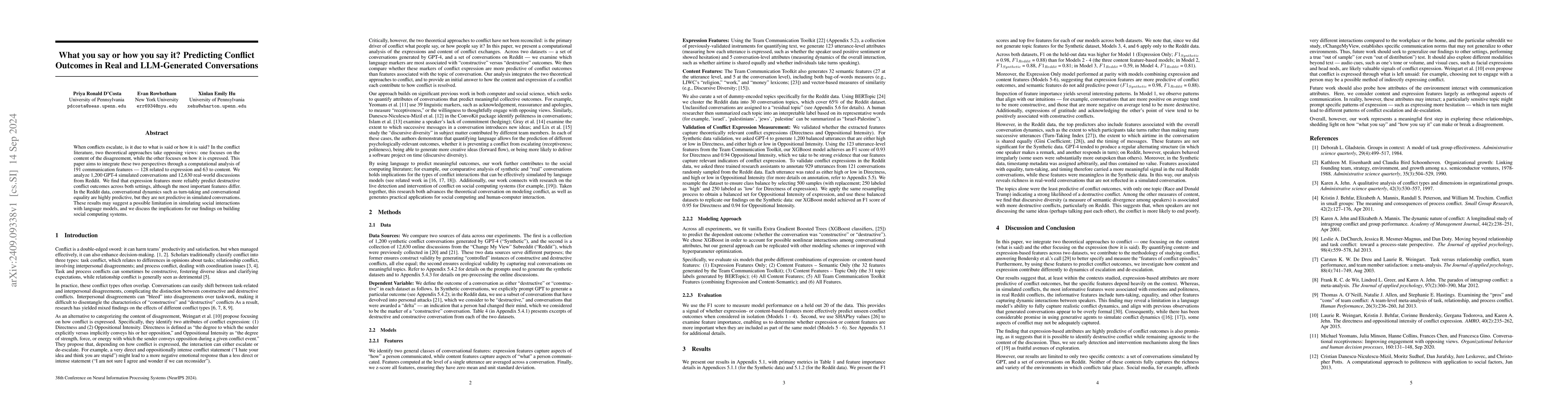 Thumbnail for What you say or how you say it? Predicting Conflict Outcomes in Real and
  LLM-Generated Conversations