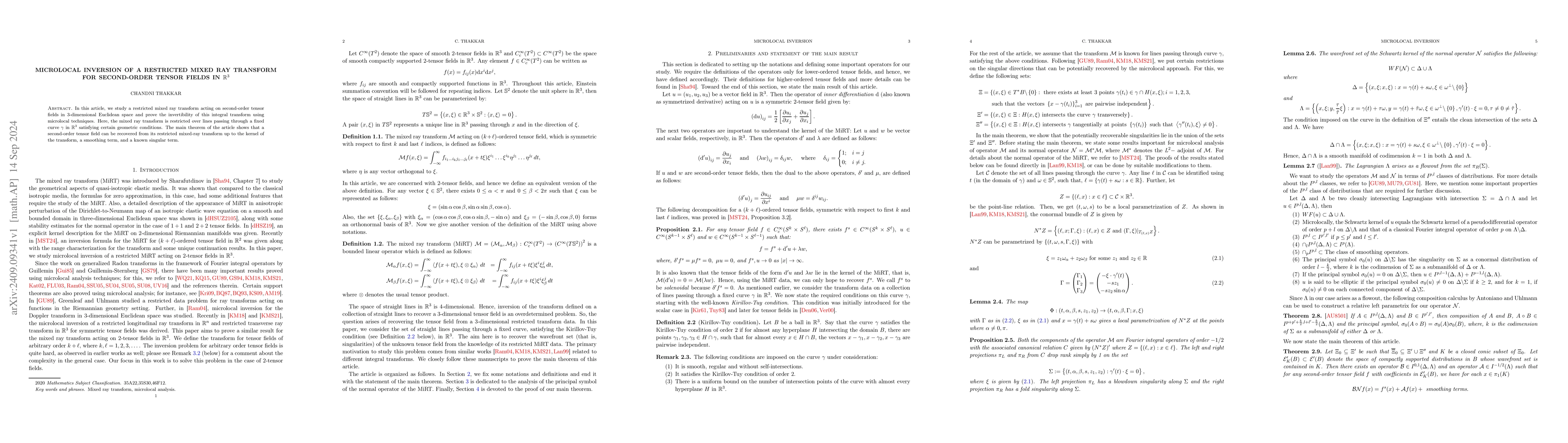 Thumbnail for Microlocal inversion of a restricted mixed ray transform for
  second-order tensor fields in $\mathbb{R}^3$