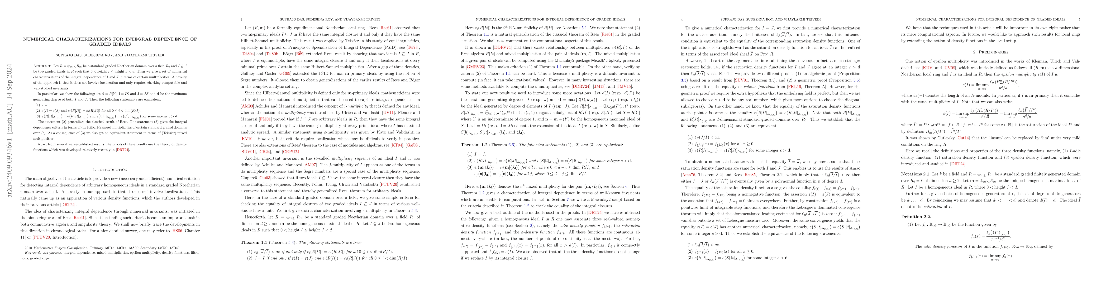 Thumbnail for Numerical characterizations for integral dependence of graded ideals
