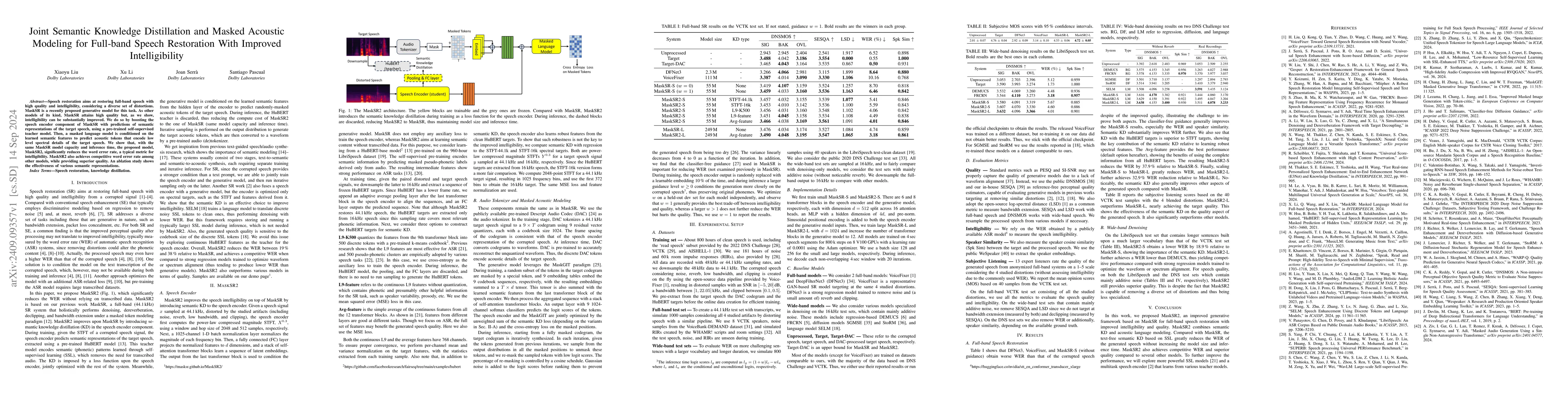 Thumbnail for Joint Semantic Knowledge Distillation and Masked Acoustic Modeling for
  Full-band Speech Restoration with Improved Intelligibility