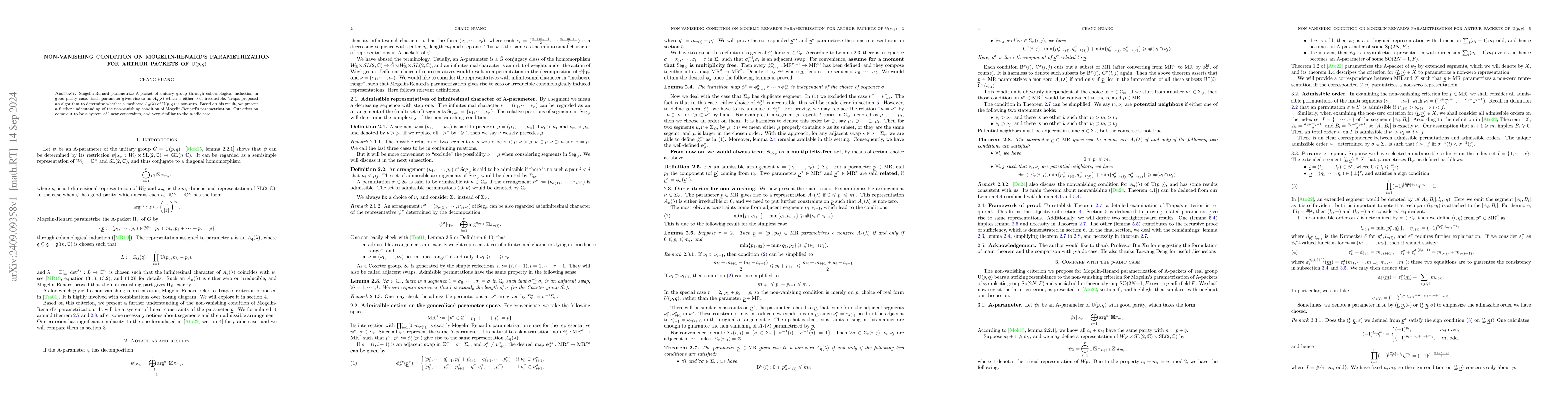 Thumbnail for Non-vanishing condition on Mogelin-Renard's parametrization for Arthur
  packets of $\mathrm U(p,q)$