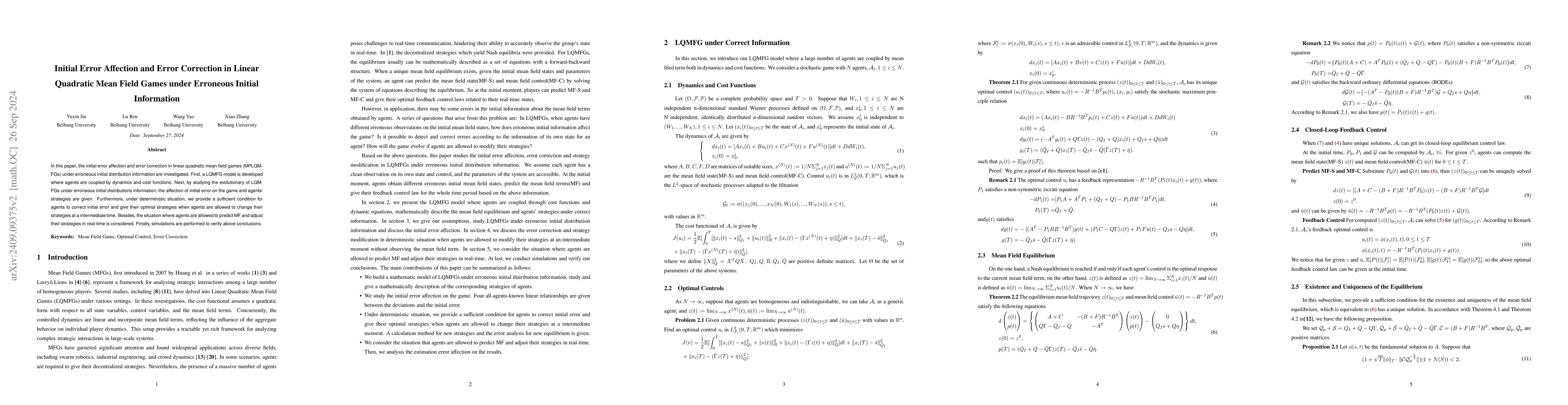 Thumbnail for Initial Error Affection and Error Correction in Linear Quadratic Mean
  Field Games under Erroneous Initial Information