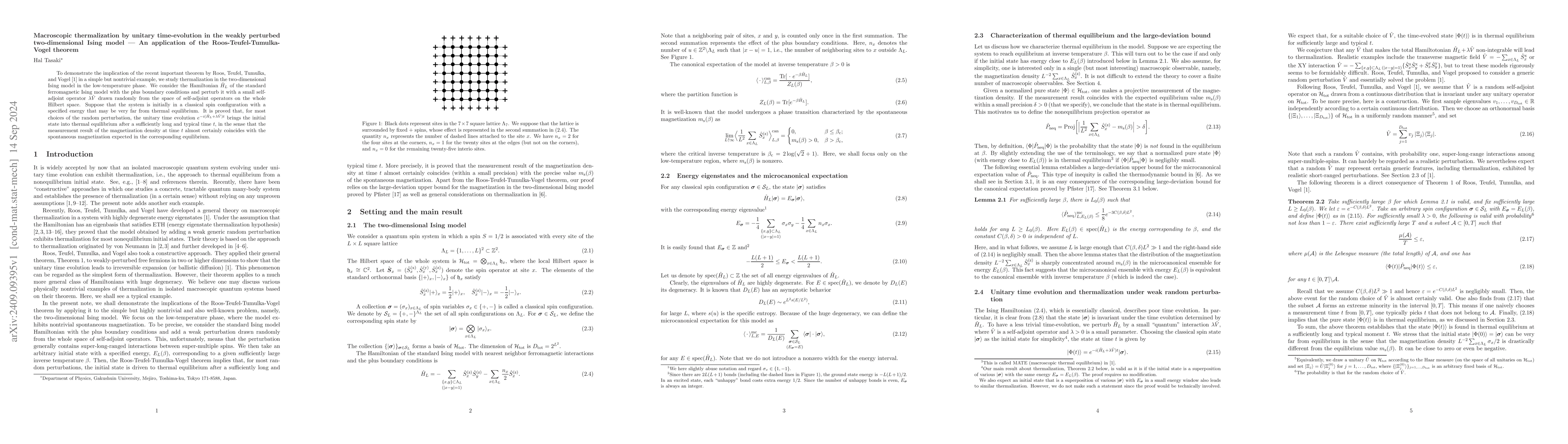 Thumbnail for Macroscopic thermalization by unitary time-evolution in the weakly
  perturbed two-dimensional Ising model --- An application of the
  Roos-Teufel-Tumulka-Vogel theorem