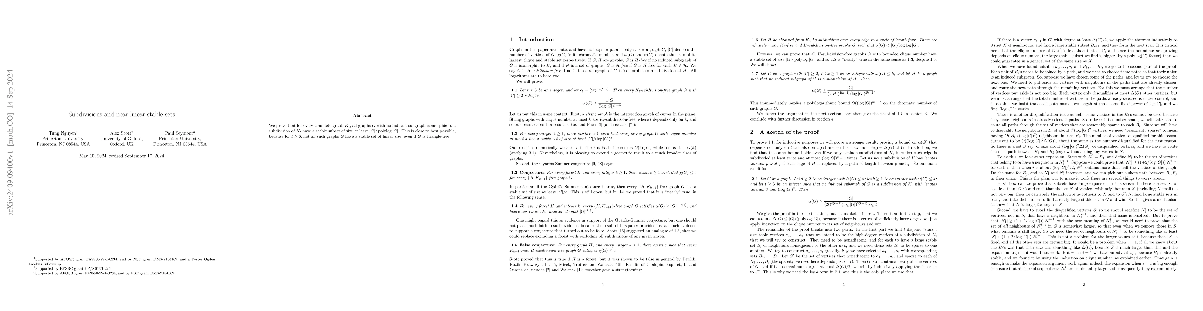 Thumbnail for Subdivisions and near-linear stable sets