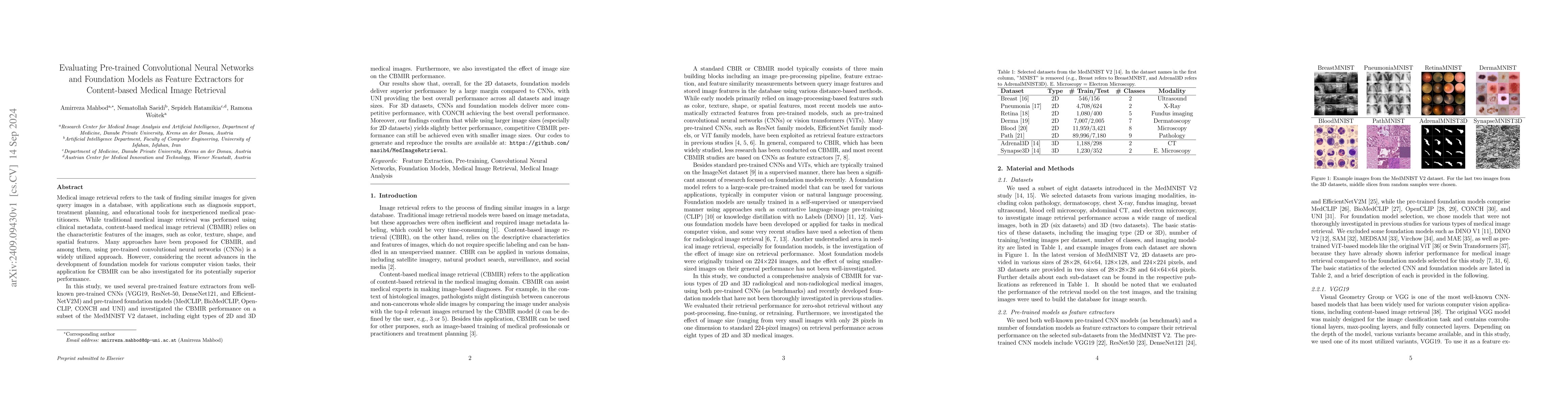 Thumbnail for Evaluating Pre-trained Convolutional Neural Networks and Foundation
  Models as Feature Extractors for Content-based Medical Image Retrieval