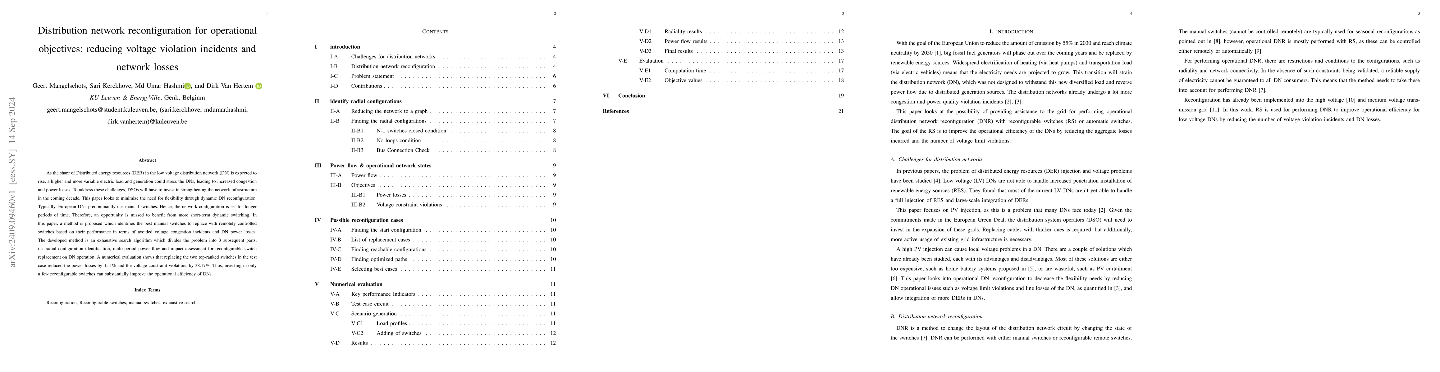 Thumbnail for Distribution network reconfiguration for operational objectives:
  reducing voltage violation incidents and network losses