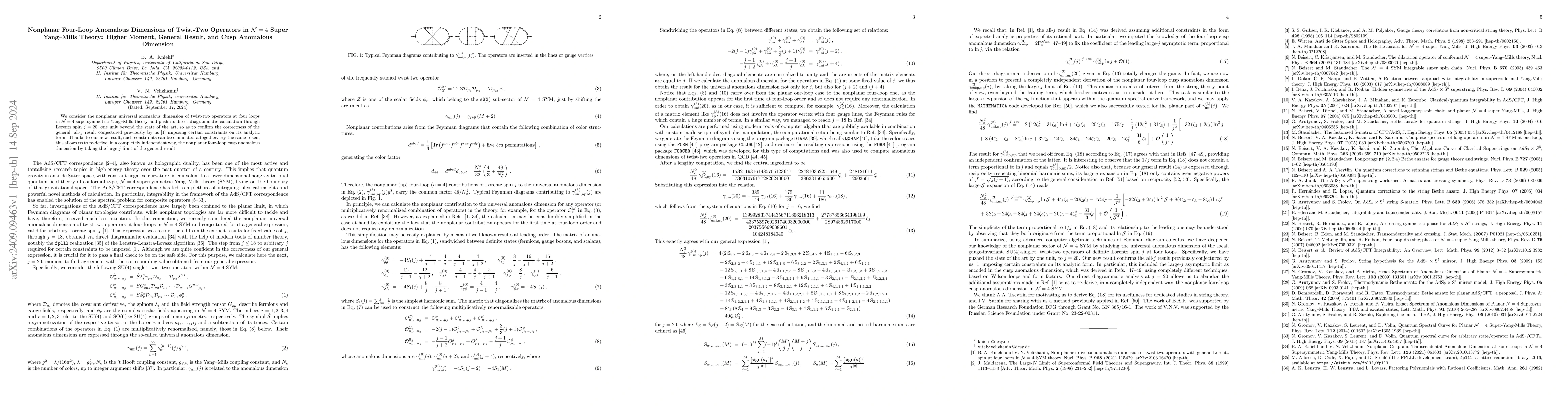 Thumbnail for Nonplanar Four-Loop Anomalous Dimensions of Twist-Two Operators in N=4
  Super Yang-Mills Theory: Higher Moment, General Result, and Cusp Anomalous
  Dimension