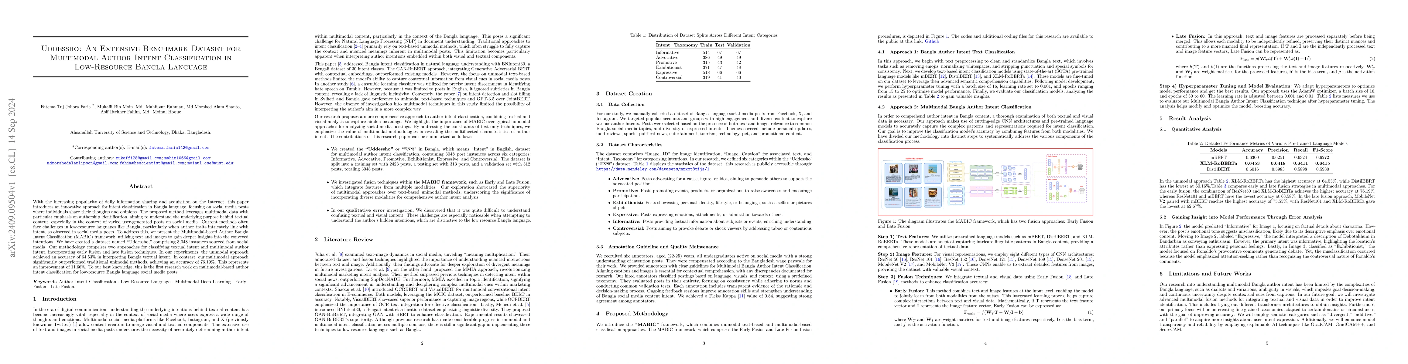 Thumbnail for Uddessho: An Extensive Benchmark Dataset for Multimodal Author Intent
  Classification in Low-Resource Bangla Language