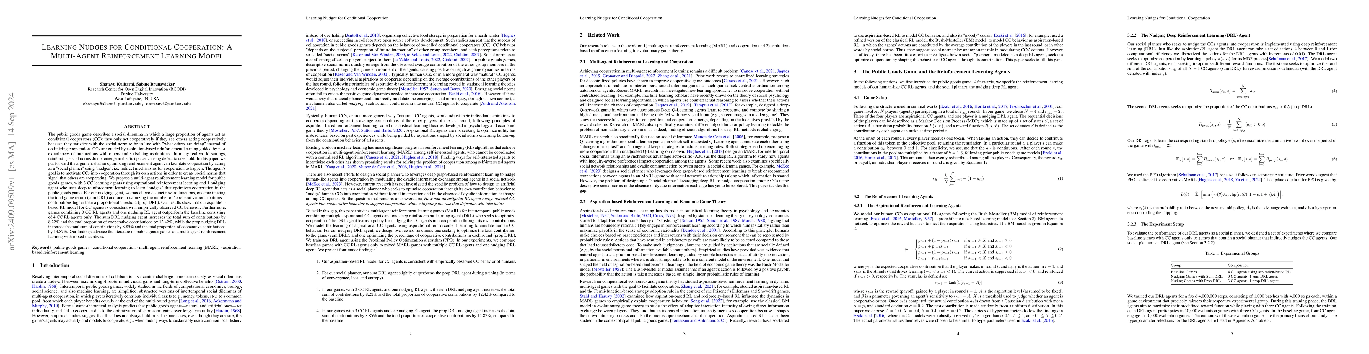 Thumbnail for Learning Nudges for Conditional Cooperation: A Multi-Agent Reinforcement
  Learning Model