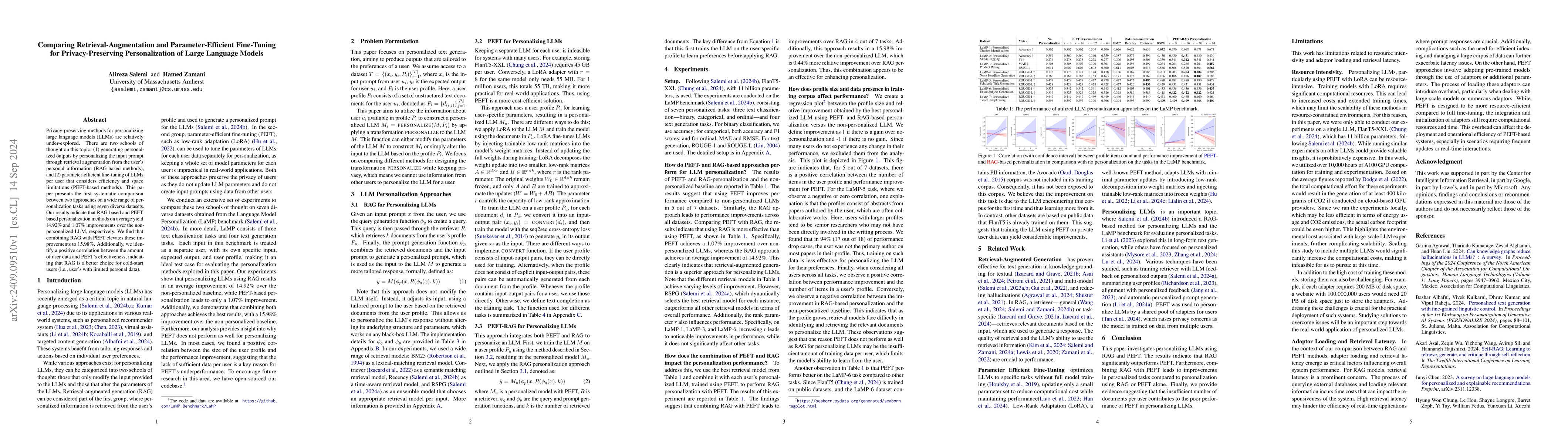 Thumbnail for Comparing Retrieval-Augmentation and Parameter-Efficient Fine-Tuning for
  Privacy-Preserving Personalization of Large Language Models