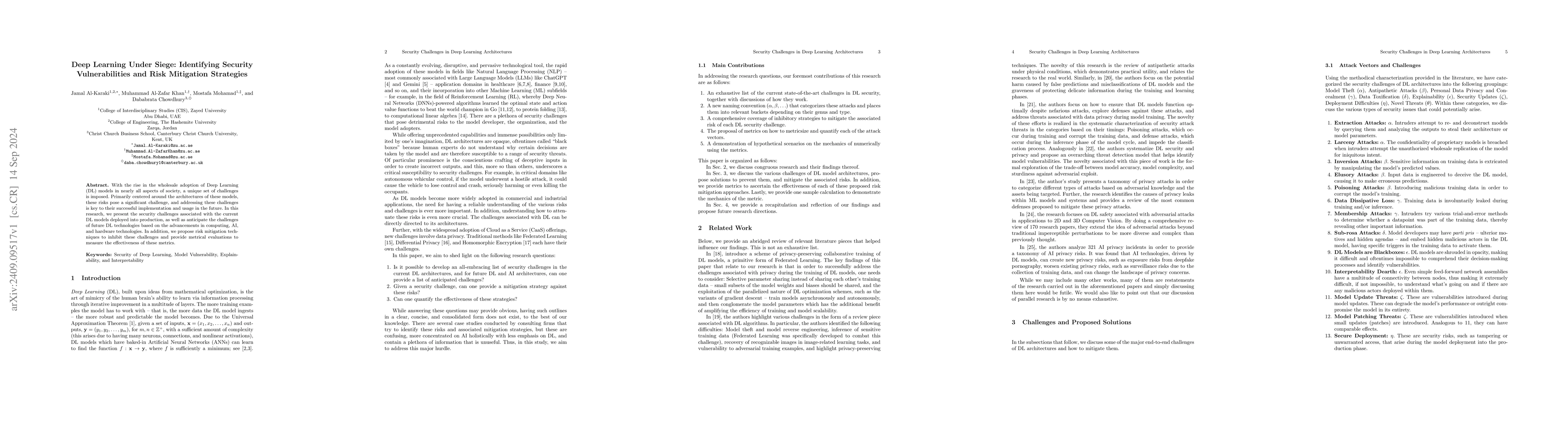 Thumbnail for Deep Learning Under Siege: Identifying Security Vulnerabilities and Risk
  Mitigation Strategies