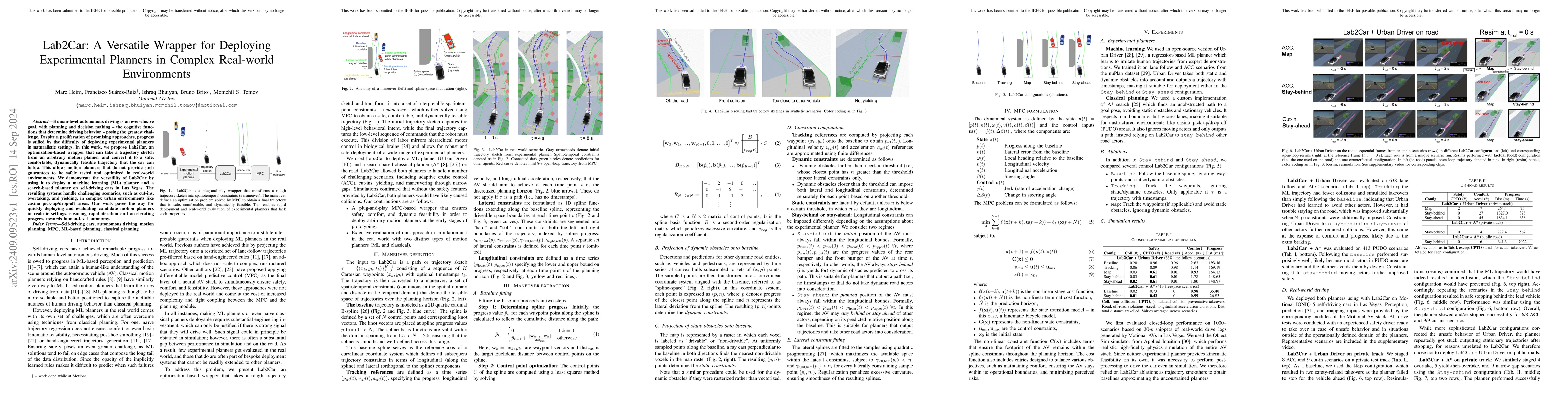 Thumbnail for Lab2Car: A Versatile Wrapper for Deploying Experimental Planners in
  Complex Real-world Environments