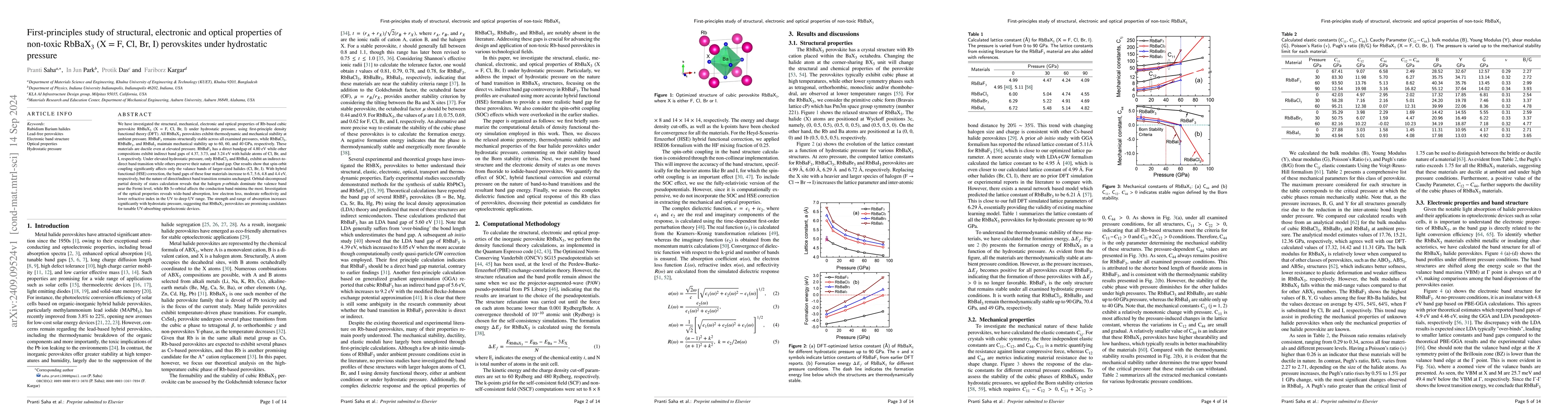 Thumbnail for First-principles study of structural, electronic and optical properties
  of non-toxic RbBaX$_3$ (X = F, Cl, Br, I) perovskites under hydrostatic
  pressure