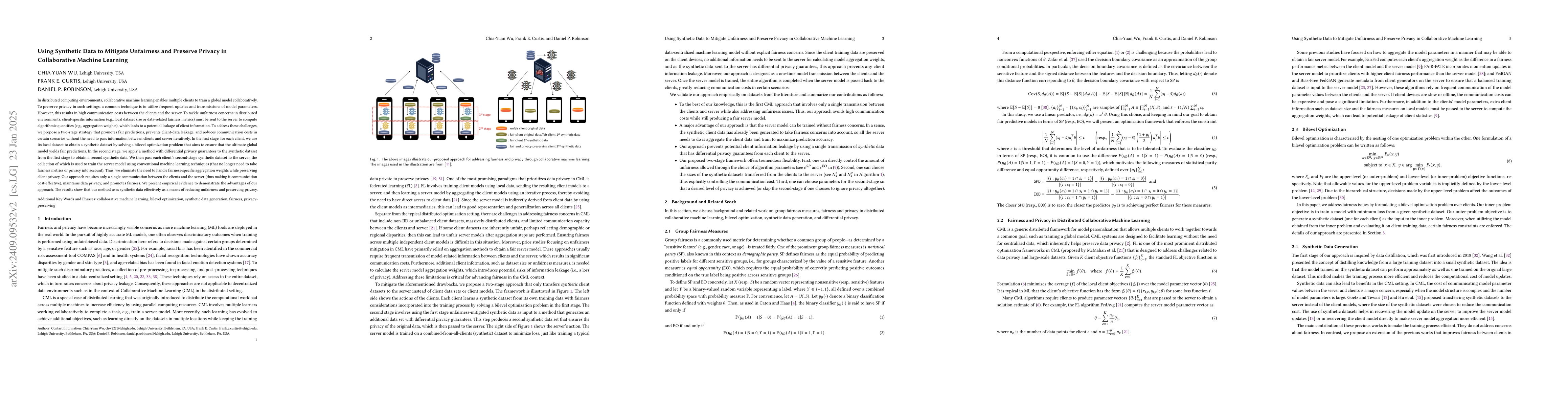 Thumbnail for Using Synthetic Data to Mitigate Unfairness and Preserve Privacy through
  Single-Shot Federated Learning