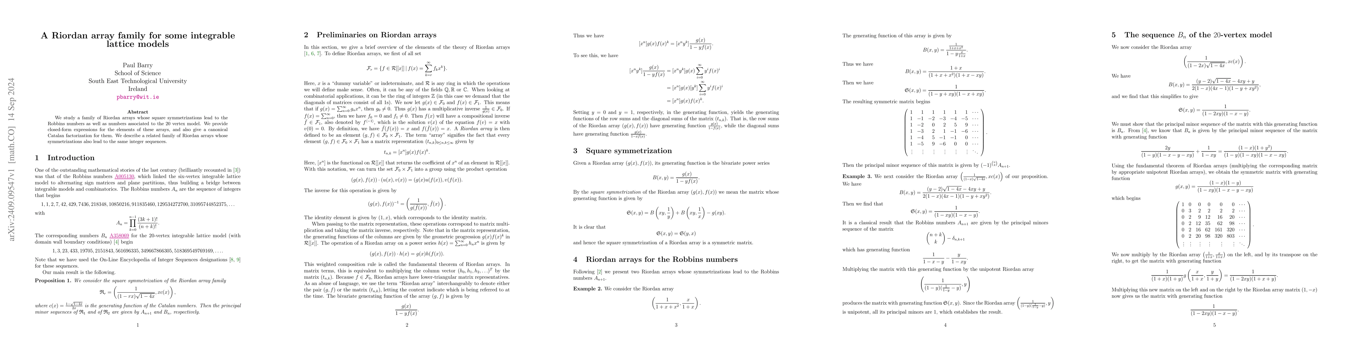 Thumbnail for A Riordan array family for some integrable lattice models